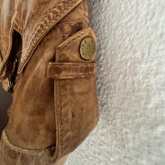 Michael Kors Leather Moto Biker Jacket Distressed Tan Luggage XS Small AUTHENTIC - Picture 13 of 14